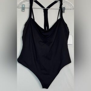 Free People Black Bodysuit Strappy Back Cowl Neck Minimalist Size XL